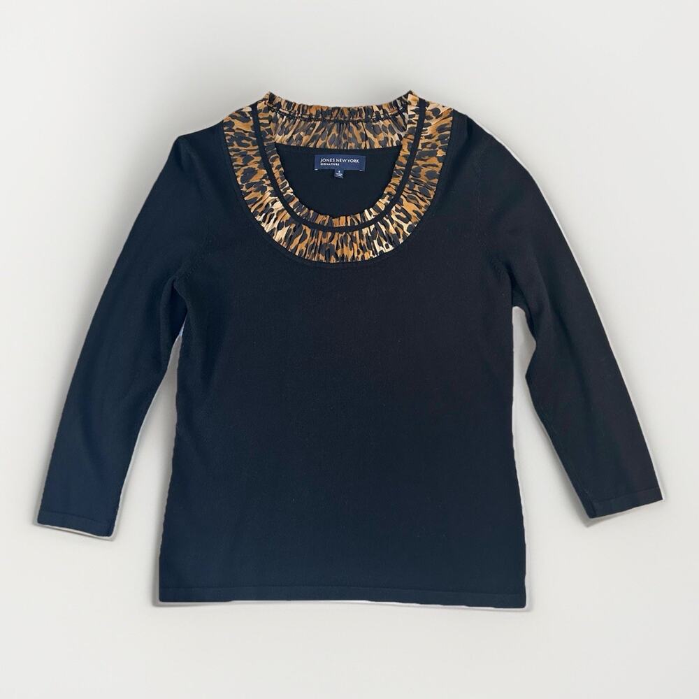 Women’s Small Jones New York Signature Animal Print Black Top 3/4 Sleeve Glam